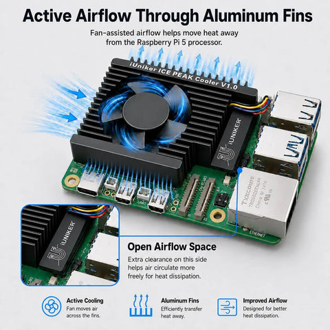 Active cooling setup with aluminum fins and PWM fan for Raspberry Pi 5 boards. Keeps your rig ice cold on Raspberry Pi five boards with this quiet active cooler featuring a slim aluminum heatsink and pre applied thermal pads for steady chill on four and eight gigabyte sets during heavy computing grinds.