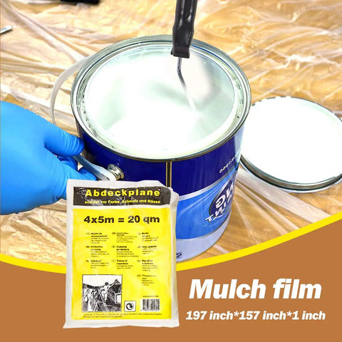 Blue paint can being stirred next to a pack of mulch film, 197 inch by 157 inch, on a covered surface.