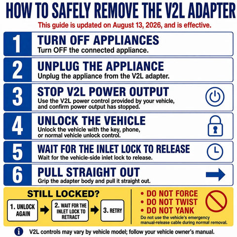 How to safely remove the V2L adapter guide with step-by-step instructions for safe use and removal of Essential Badass NACS V2L Adapter.