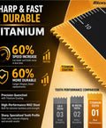 Infographic showing features and benefits of titanium blades from 120 Piece Oscillating Tool Blade Set Pro Grade Titanium Universal Multitool Blades For Wood And Metal Heavy Duty Kit Compatible With Dewalt Ryobi Milwaukee Makita Rockwell Fein And More.