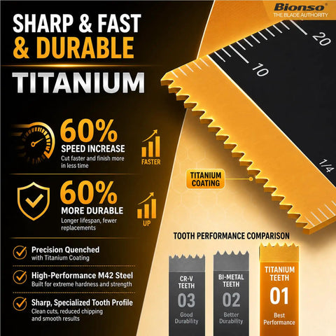 Infographic showing features and benefits of titanium blades from 120 Piece Oscillating Tool Blade Set Pro Grade Titanium Universal Multitool Blades For Wood And Metal Heavy Duty Kit Compatible With Dewalt Ryobi Milwaukee Makita Rockwell Fein And More.