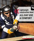Worker using grinder with MAXVIEW Premium Face Shield With 370 Speed Dial Headgear For Grinding And Cutting ANSI Z87 1 Safety Rating