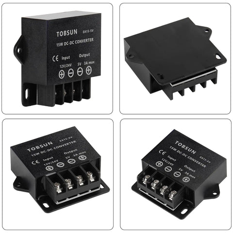 Input Range 12V To 24V To 5V 3A 15W DC Power Converter for cars, black casing, multiple angles and terminals visible
