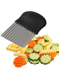 Front view of EKIND stainless steel crinkle cutter with black handle and wavy blade for potatoes and vegetables.