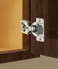 Installed satin-nickel 1/2-inch overlay soft-close cabinet hinge for face-frame doors