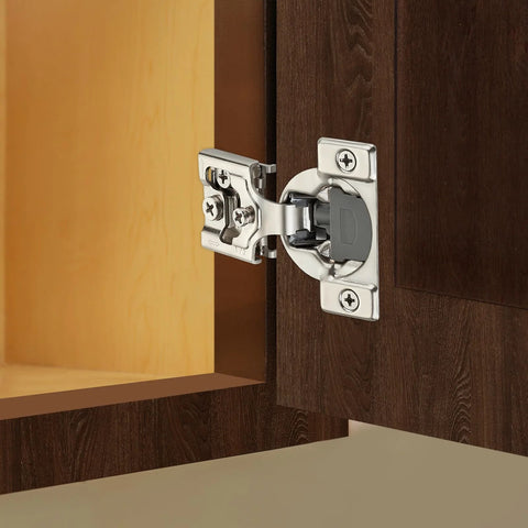 Installed satin-nickel 1/2-inch overlay soft-close cabinet hinge for face-frame doors
