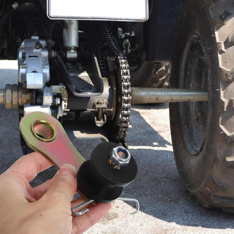 Heavy Duty Motorcycle Chain Tensioner Kit With Anti-Slip Guide Roller For Off-Road Bikes Easy Install Iron Plastic Build Keeps Your Ride Tight And Smooth For Serious Trail Days installed on rear chain