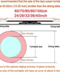 Diagram showing recommended sizes for Rock Solid 360 Smooth Swivel Lazy Susan Turntable, Massive 34 Inch Tempered Glass Serving Platter.