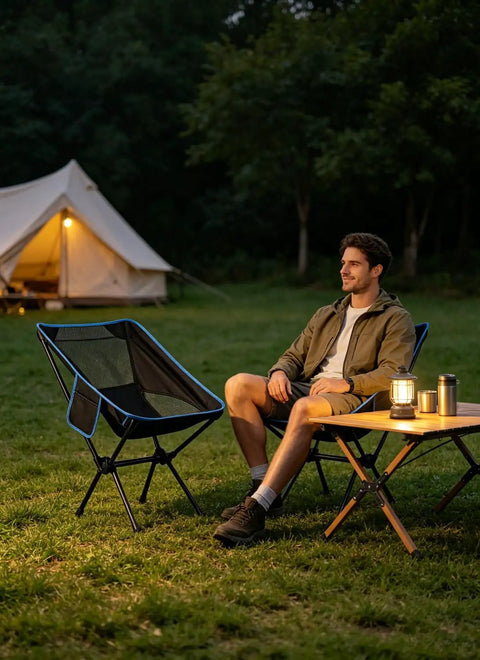 Ultralight Folding Camp Chair For Backpacking And Hiking Fourth Gen Compact And Lightweight Easy Setup Sturdy Steel Frame And Oxford Fabric Mesh Black Includes Carry Bag For Beach Camp Picnic And Mountaineering in outdoor setting with tent and person seated.