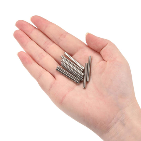 3x22mm Dowel Pins In 304 Stainless Steel, Round Head With Flat Chamfered End, 10 Pc Set held in a hand for size reference
