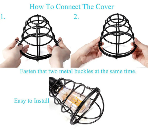 Instruction guide showing how to assemble Vintage Industrial Black Metal Cage Ceiling Light Semi Flush Mount Fixture E26