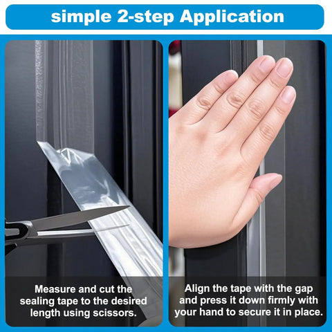 Heavy Duty Weatherproof Seal Tape 2 Inch By 30 Yards Blocks Drafts And Rain Leaks With Waterproof Adhesive No Residue Weather Stripping For RVs Windows Doors And Renters, shown cutting and applying the tape on a door.