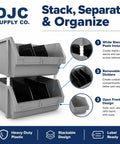 Dang Tough Heavy Duty Stackable Storage Bins In Bold Red With Side Connect Hooks For Garage Workshop Tool Organization Durable Polypropylene Totes That Crush Clutter And Hold Equipment Rock Solid, featuring stackable gray plastic bins with dividers.