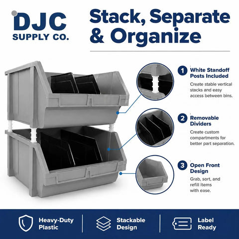 Dang Tough Heavy Duty Stackable Storage Bins In Bold Red With Side Connect Hooks For Garage Workshop Tool Organization Durable Polypropylene Totes That Crush Clutter And Hold Equipment Rock Solid, featuring stackable gray plastic bins with dividers.