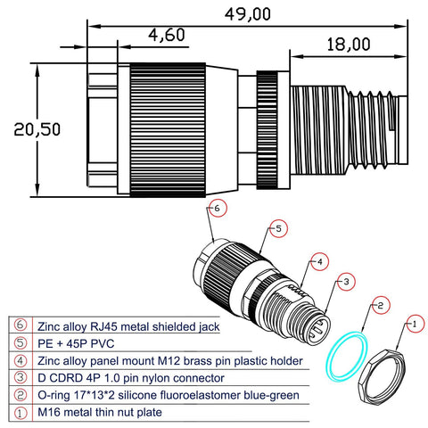 Technical diagram of M12 to RJ45 10Gbps Ethernet adapter showing dimensions and components details for industrial and outdoor use.