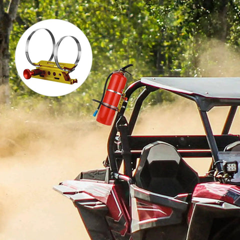 Universal Roll Bar Fire Extinguisher Mount Aluminum Quick Release Bracket With Eight Clamps installed on a UTV in action