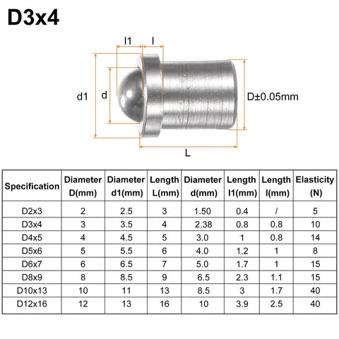D3x4 30 Piece Ball Point Spring Plungers 3MM X 4MM 304 Stainless Steel with specifications and dimensions table.