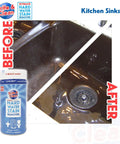 Before and after of kitchen sink cleaned with Ultimate Hard Water Stain Remover For Glass And Shower Doors That Actually Works.