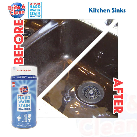 Before and after of kitchen sink cleaned with Ultimate Hard Water Stain Remover For Glass And Shower Doors That Actually Works.