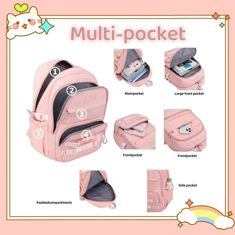 Kids Rolling Backpack With Wheels Trolley School Bag For Girls And Boys showing multiple pockets, pink color, fits A4 books and accessories