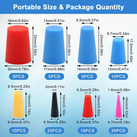 Dimensions of Pro Grade Heavy Duty All Purpose High Temp Silicone Rubber Tapered Plugs Kit 110 Piece Set With 8 Sizes