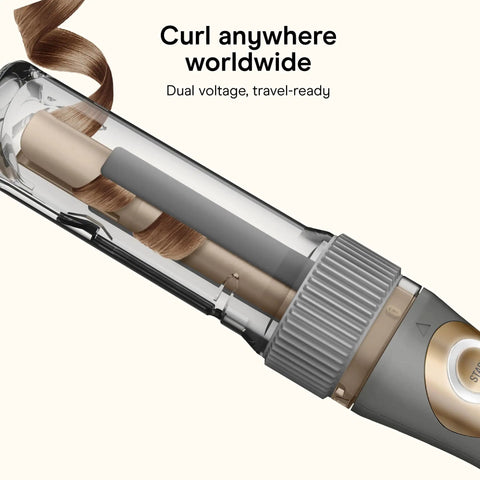 InfinitiPRO Curl Secret Ceramic Auto Curling Iron With Three Quarters Inch Barrel in transparent chamber, travel-ready