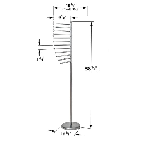 Floor Standing Accessory Organizer Rack for Scarves, Belts, and Jewelry with Pivoting 9 Inch Bars, 360 Degree Access, dimensions shown