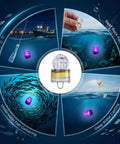 LED Diamond Fishing Lights Set Of 5 Underwater Flasher Lures for night fishing illustrated in various aquatic environments