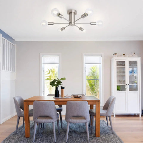 Dope Six Light Sputnik Style Ceiling Fixture In Brushed Nickel Finish For Kitchen Islands, Dining Room, Bedroom And Hallway