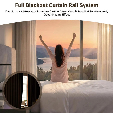 Double Row Ceiling Mounted Curtain Track System For Windows White Adjustable From 3 To 18 Feet Ultra Quiet PVC Pulleys With Silent Strips Includes Handsaw No Fuss Setup Great For Hotels Hospitals And Home Or Office Use, bedroom scene