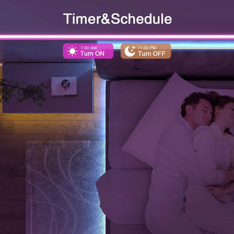 Smart LED Strip Lights 16.4ft RGB With Alexa Voice Control, Gosund App, WiFi 2.4GHz, showing timer and schedule feature in bedroom.