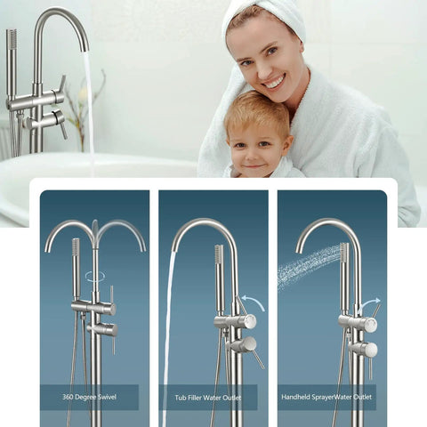 Freestanding Tub Faucet With Hand Shower In Brushed Nickel Floor Mounted Bathtub Filler Set With Dual Handles 180 cm Hose