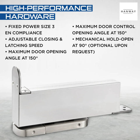 Heavy Duty Door Closer And Hidden Pivot Hinges With Stainless Steel Shaft For Wood And Metal Doors Self Closing Quiet Operation Durable Aluminum Alloy Hardware Made In Taiwan, fixed power size 3, adjustable closing.