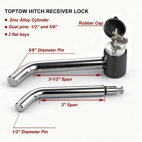 Lock It Down Heavy Duty Trailer Hitch Receiver Lock With Right Angle Bent Pin Fits 1/2 Or 5/8 Inch Tubes Class I Through V Made For Real World Towing In Chrome
