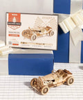 1:18 Scale Mechanical Car Model Kit DIY 3D Wooden Puzzle for Adults Hands On Build Brain Teaser Grand Prix Vehicle Gift for Men and Women Great for Birthday or Christmas, wooden car on box
