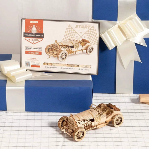 1:18 Scale Mechanical Car Model Kit DIY 3D Wooden Puzzle for Adults Hands On Build Brain Teaser Grand Prix Vehicle Gift for Men and Women Great for Birthday or Christmas, wooden car on box