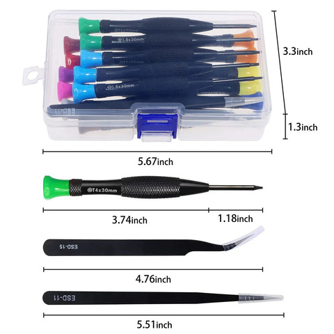 18 Piece Magnetic Screwdriver Set For Specs Phones And Watches With Flathead Phillips Pentalobe Torx Star Bits Tweezers And Color Coded Caps