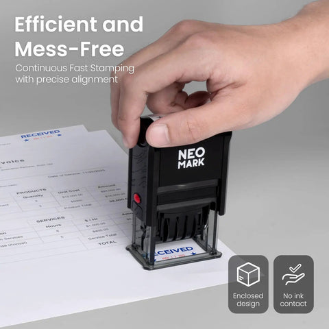 No Sweat Self Inking Date Stamp Engineered For Quick Adjustable Marking With Crisp Bright Impressions That Dry Fast on invoice paper.