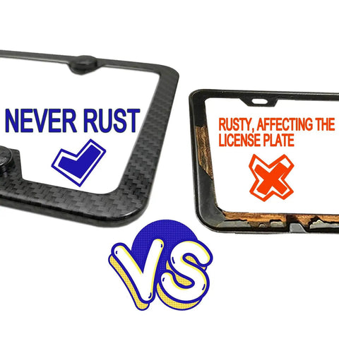 Comparison of Thin Blue Line License Plate Frame With Carbon Fiber Look vs rusty frame highlighting durability