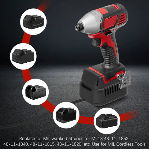 Real Deal AC To DC Voltage Converter For Milwaukee M18 Power Tools 120V To 18V Transformer with cordless tool and batteries.