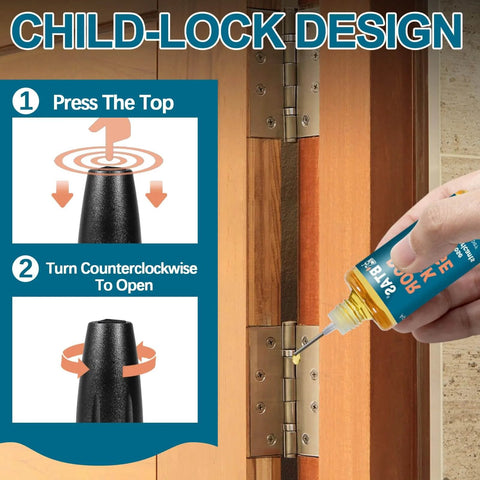 Applying Door Lock And Hinge Lubricant Oil With Needle Oiler For Squeaky Keyholes And Hinges to a door hinge, 1 oz bottle in use