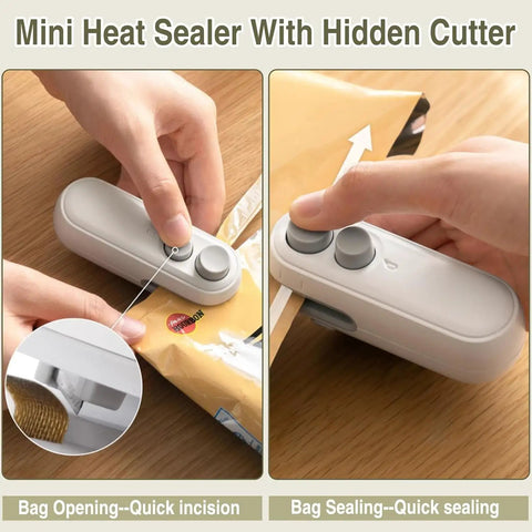 Person using the Rechargeable 2 In 1 Bag Sealer With Cutter And Magnet, Portable USB Powered Heat Sealing Device for snacks