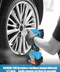 Person using 20V Cordless Impact Wrench Half Inch Drive With 370 Ft Lbs Torque Includes 4.0Ah Battery to remove car lug nuts