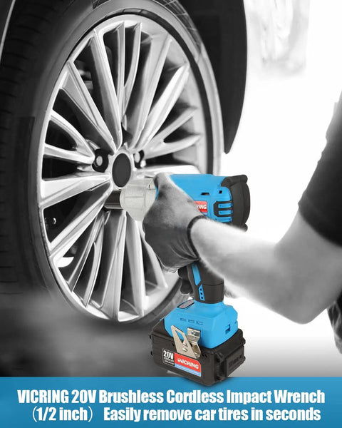 Person using 20V Cordless Impact Wrench Half Inch Drive With 370 Ft Lbs Torque Includes 4.0Ah Battery to remove car lug nuts