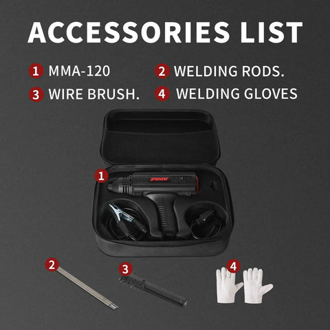 Accessories for Portable 110V IGBT Inverter Stick Welder With Hot Start And Anti Stick, including MMA-120, rods, wire brush, gloves.