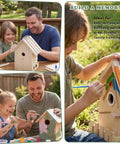 Family painting large wood bird house kit for outdoors DIY weekend project for adults. Pre-cut pieces and non-toxic materials.