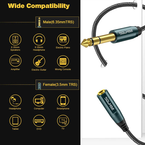 6.35mm to 3.5mm Headphone Adapter Cable 4 Ft TRS Stereo Male to Female connectors, wide compatibility with various devices.