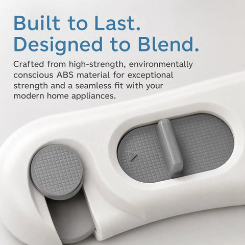 Close-up of 5 Pack Child Proof Refrigerator Locks with sticky adhesive pads, showcasing durable ABS material and design text.