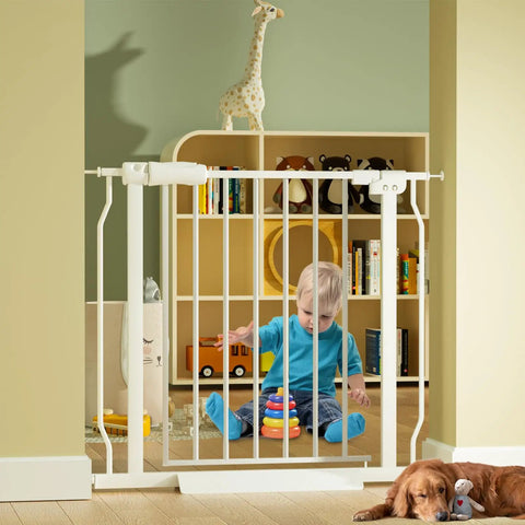 Walk Through Pressure Mounted Baby Gate For Narrow Openings 24.2 To 29 Inches Wide, 30 Inches Tall, installed in a playroom doorway