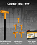 Package contents of Upgraded Hinge Gap Adjusting Wrench For Residential And Commercial Doors Quick And Easy Door Hinge Alignment Tool Precise Adjustments User Friendly Replacement For Tight Fits Yellow Finish including wrench, replacement heads, and box.